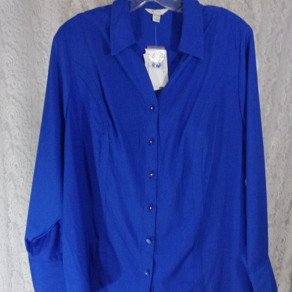 Varsity Blue Blouse True Button Front Long Sleeve.  NWT  Plus Size  14/16W